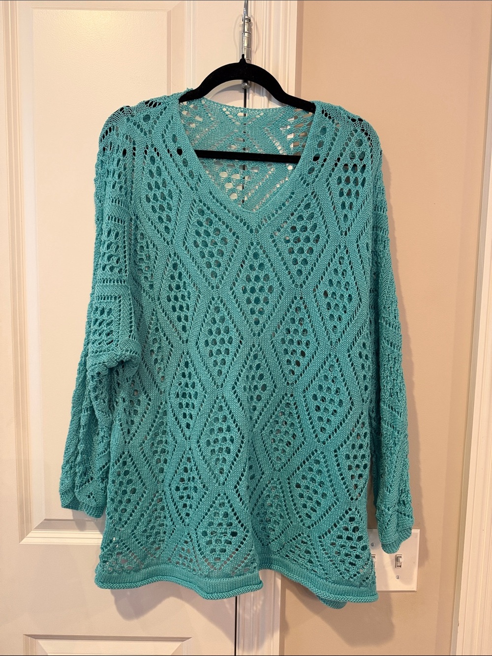 SHEIN Teal Crochet V-Neck Sweater